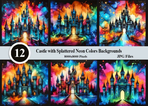 Castle with Splattered Neon Backgrounds: Bold Digital Graphics