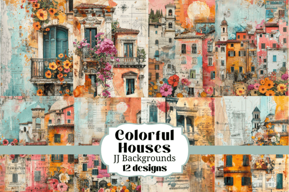 Colorful Houses Backgrounds Junk Journal for Creative Projects