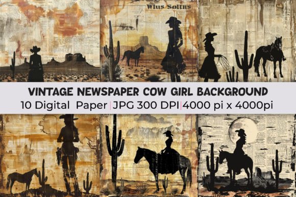 Unleash Creative Grit with Vintage Newspaper Cow Girl Backgrounds